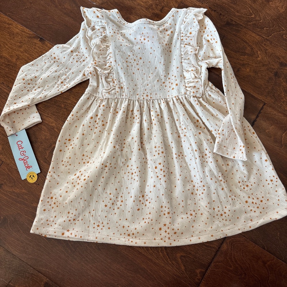 Cat and Jack Girls 2T Dress Long Sleeve Ruffle Star Gold Cream NEW - Picture 5 of 6